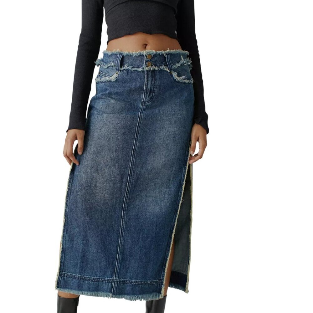 URBAN OUTFITTERS BDG HOLLY DENIM MIDI SKIRT POCKETS Y2K 90'S RAW EDGE NWOT S